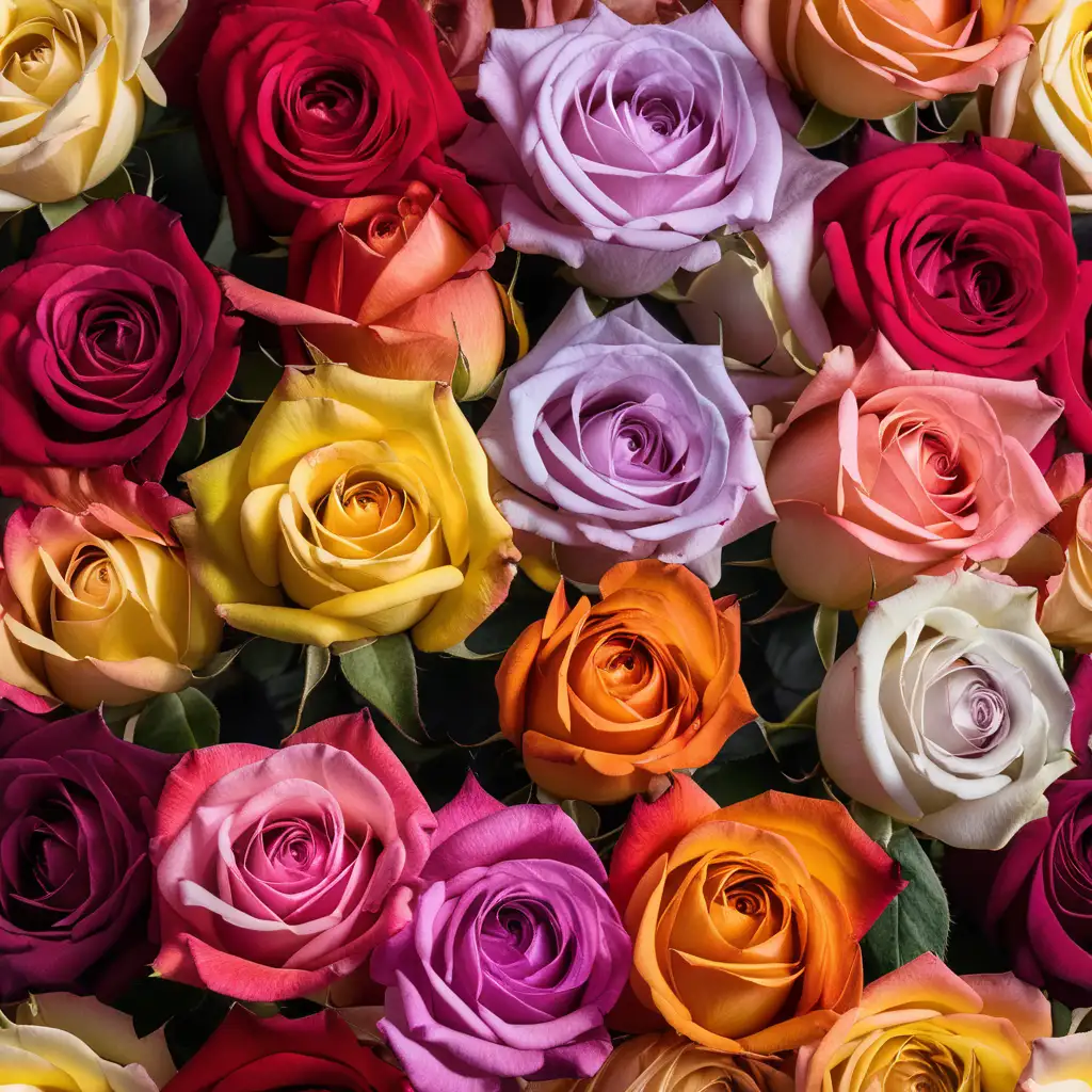 a bunch of roses in different colors, photographed from below

