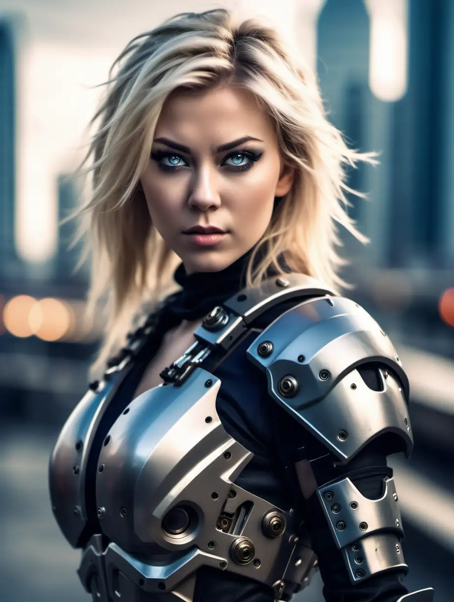 Beautiful Nordic woman, very attractive face, detailed eyes, big breasts, dark eye shadow, messy blonde hair, dressed as a robot ninja assassin, in full body armor, extremely close up photo, bokeh background, soft light on face, rim lighting, facing away from camera, looking back over her shoulder, standing in front of a futuristic style city, photorealistic, very high detail, extra wide photo, full body photo, aerial photo