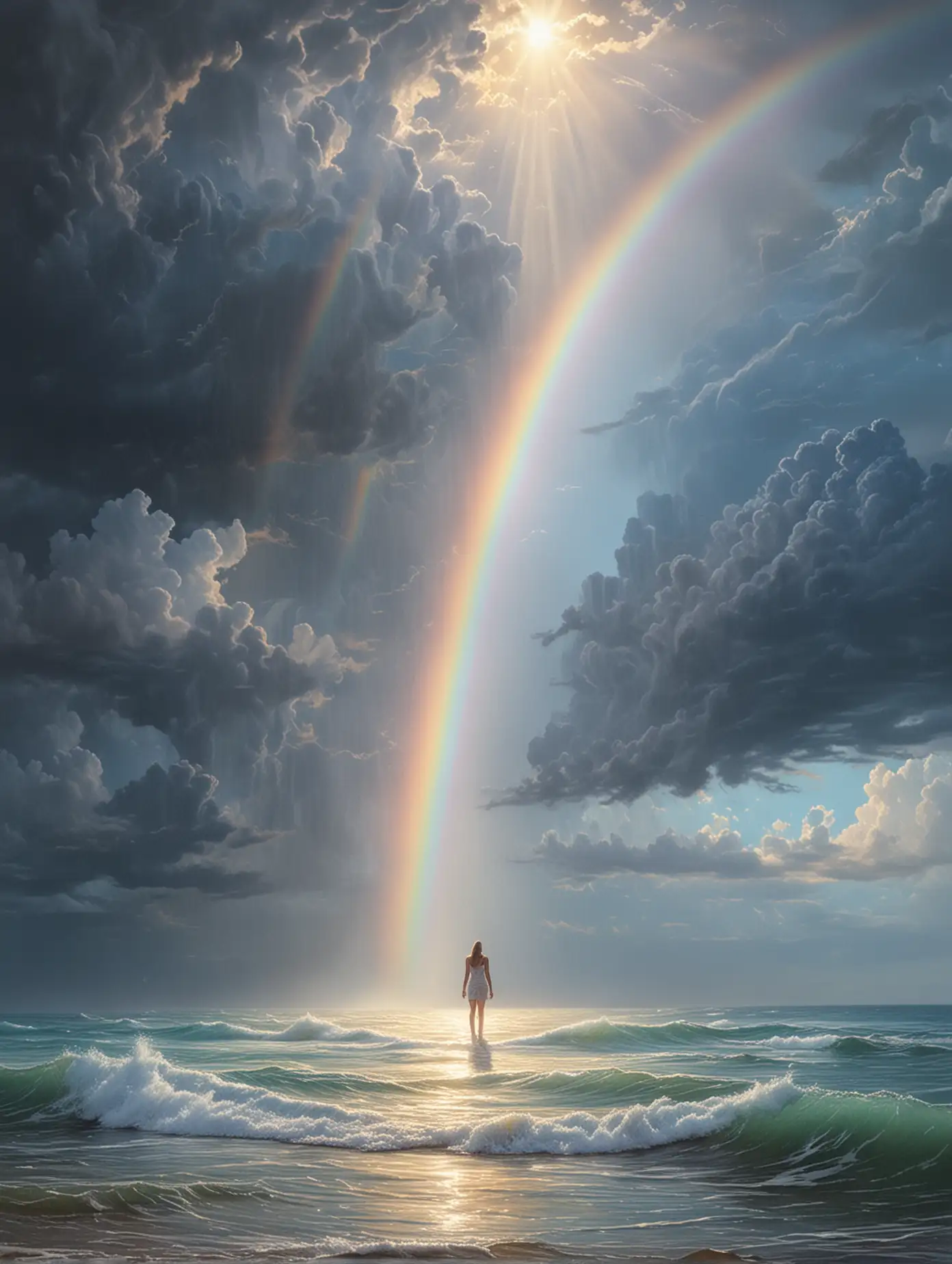 Please create a beautiful divine pastel rainbow artwork of darkness (stormy skies) and light (blue skies, sunshine), and between the dark and light, a figure emerging in stunningly bright white and rainbow light