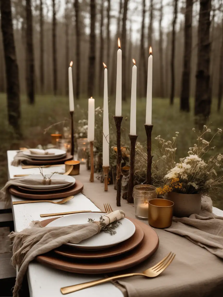 table set up for intimate lunch outdoors in a forest with overgrown shrubs and wildflowers. table decorated in a rustic, neutral, organic style with pots holding moody flowers and twigs and white taper candles in assorted gold candsticks and a brown cheesecloth table runner. close up angle of only table decor in frame,  DSLR photography style