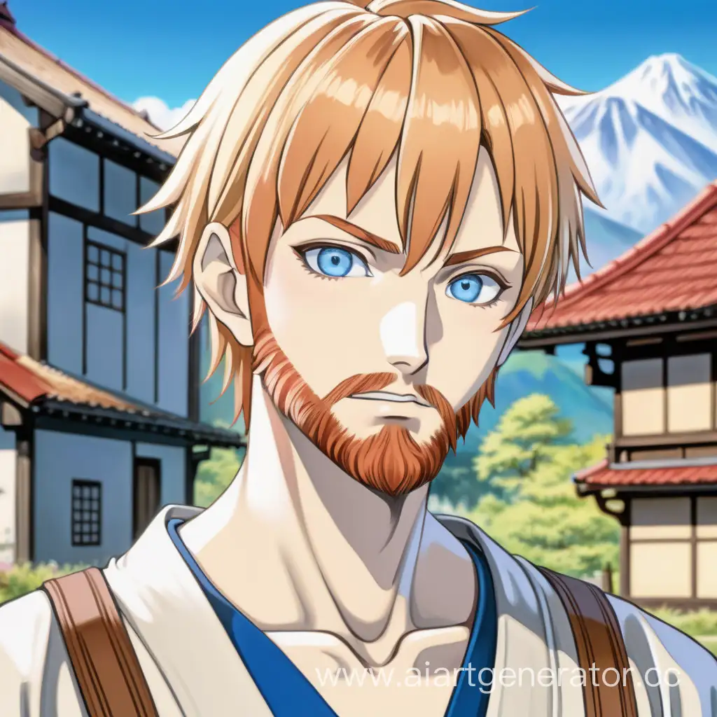 славянский голубоглазый  блондин с короткими волосами и рыжеватой бородой в стиле аниме, на фоне японская деревня
