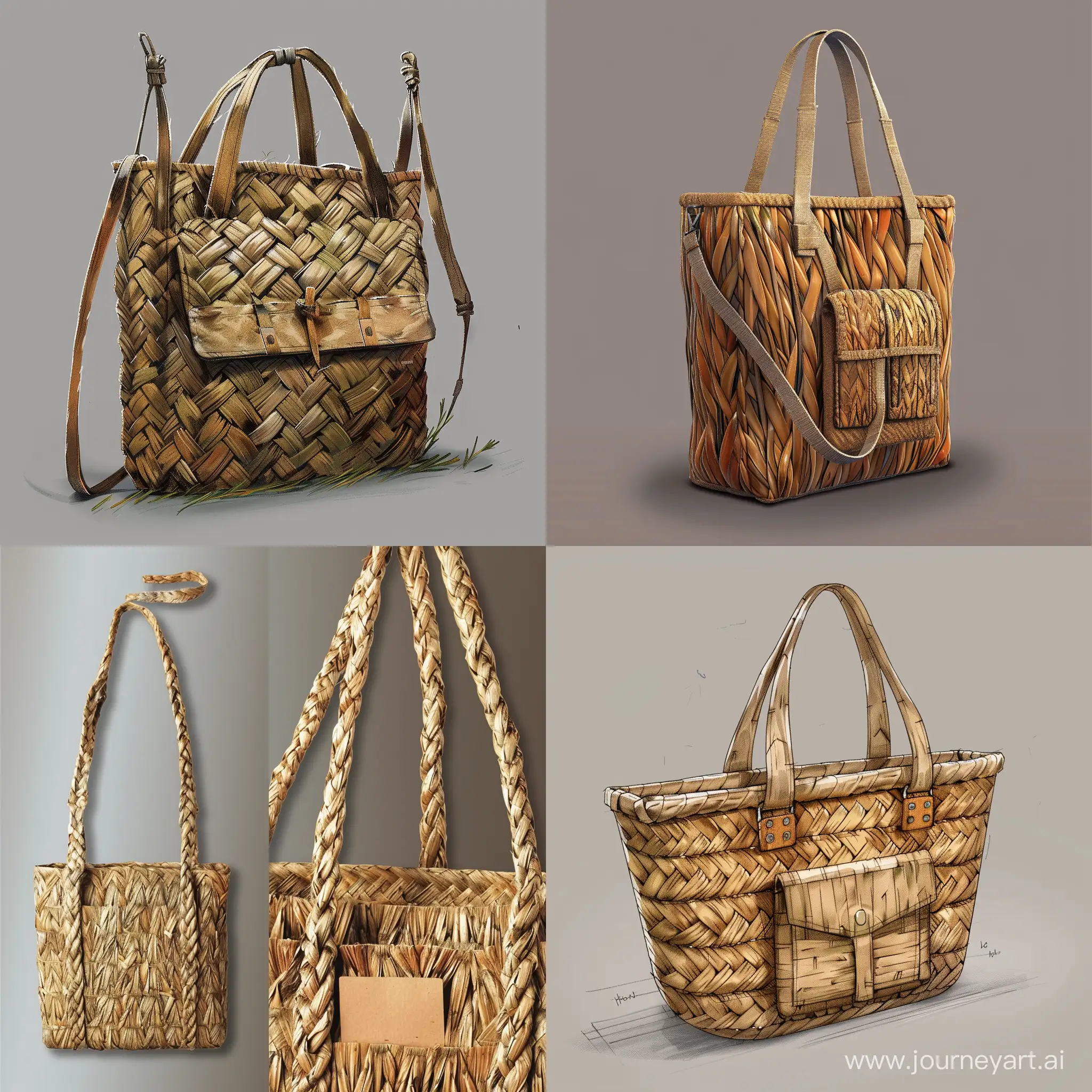 Create a hyper-realistic image of a modern and stylish tote bag designed for young people, crafted from water hyacinth. The design showcases the unique, natural texture and color of water hyacinth, blending seamlessly with contemporary fashion trends. The bag should feature practical elements such as adjustable straps, multiple pockets for efficient organization, and a secure closure mechanism. Emphasize the bag's eco-friendly aspect and its appeal to environmentally conscious consumers, with a focus on sustainability and innovative design.
