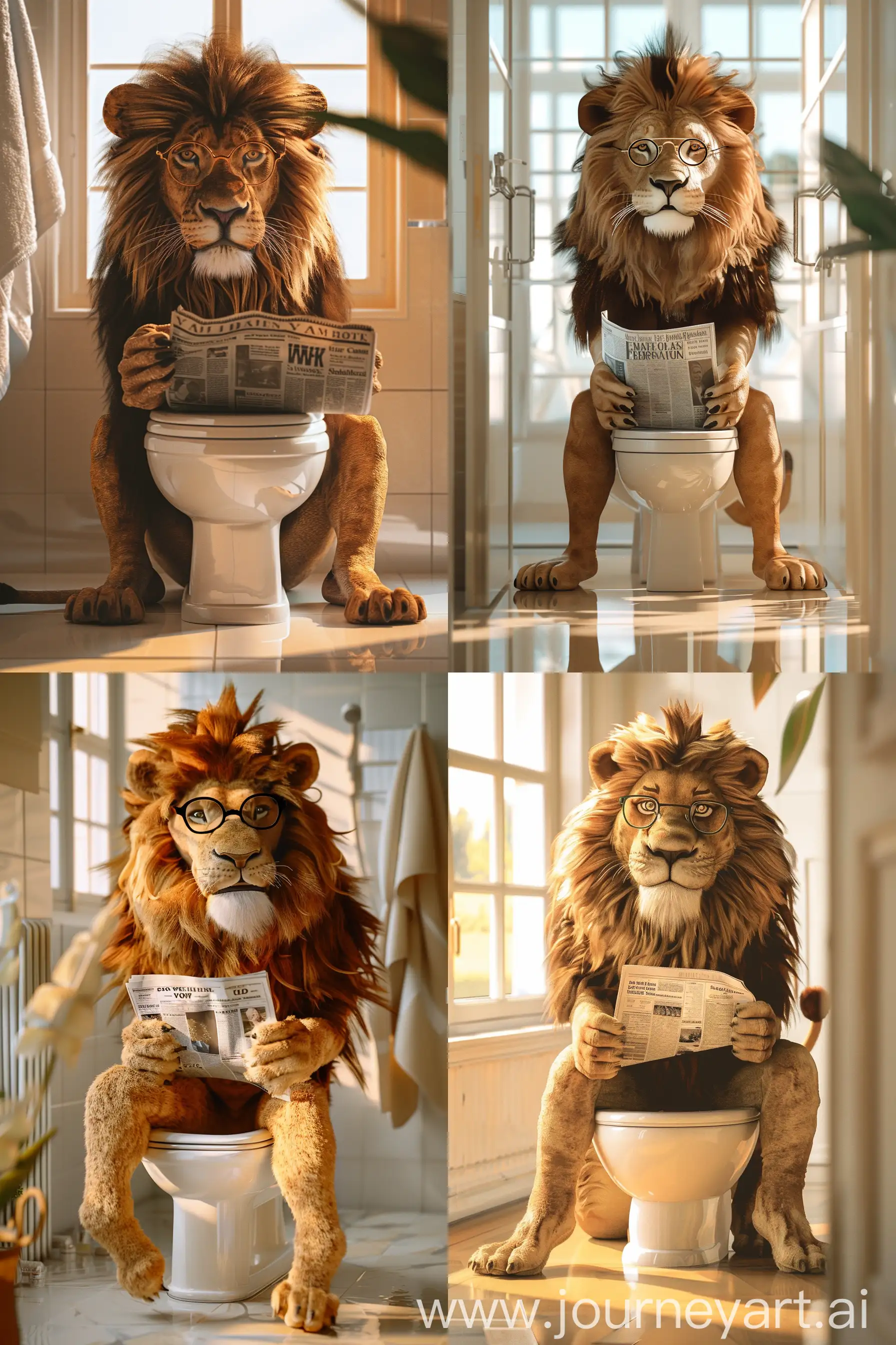  Illustration of a lion sitting on a small toilet, wearing glasses, reading a newspaper and looking directly at the camera, legs dangling down, in a bright bathroom, realistic --ar 2:3 --v 6