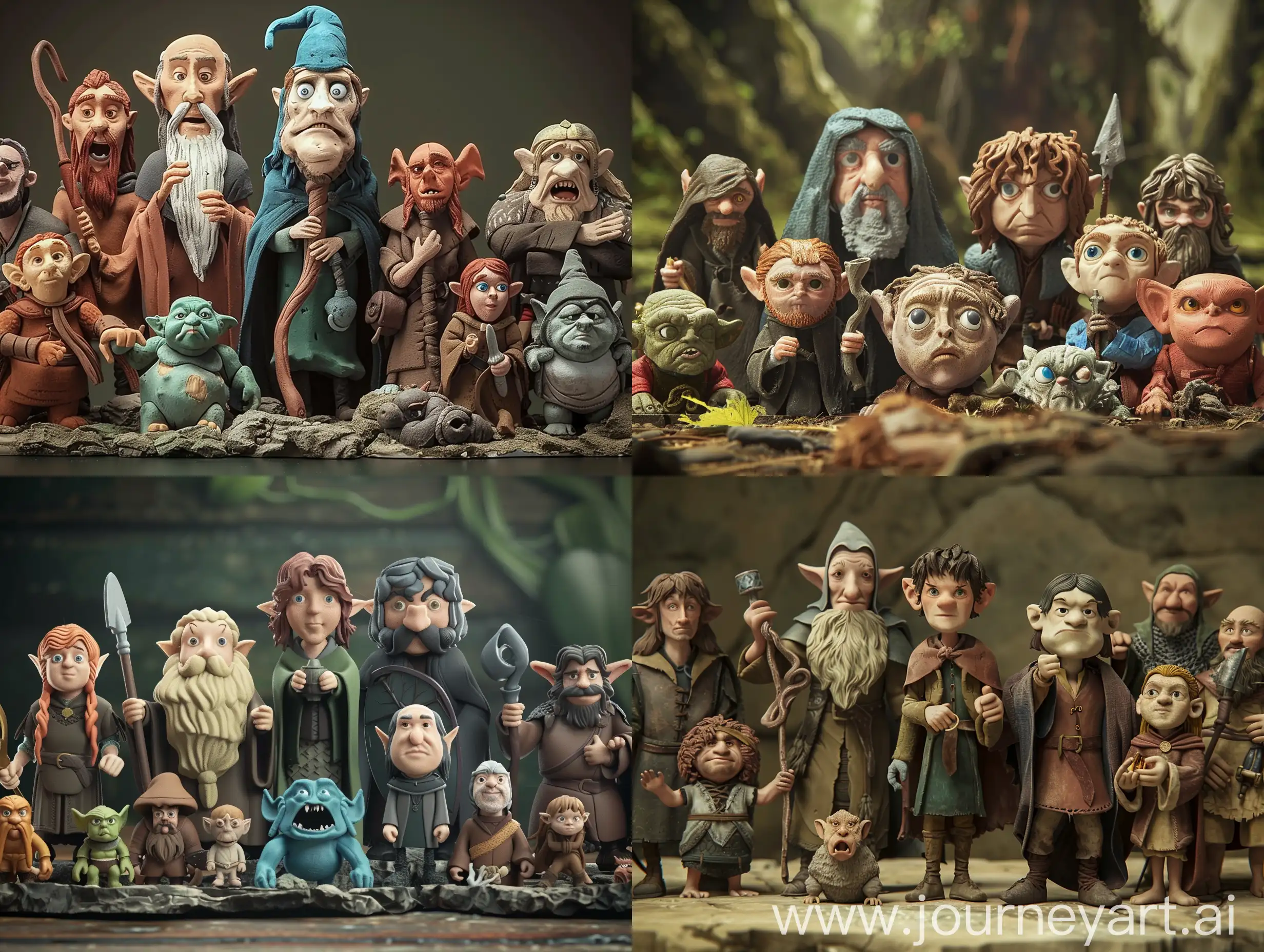  The Lord Of The Rings characters reimagined in the style of Aardman Studio stop-motion claymation, Frodo, Gandalf, Aragorn, Legolas, Gimli, Gollum, orcs, trolls, balrog. 