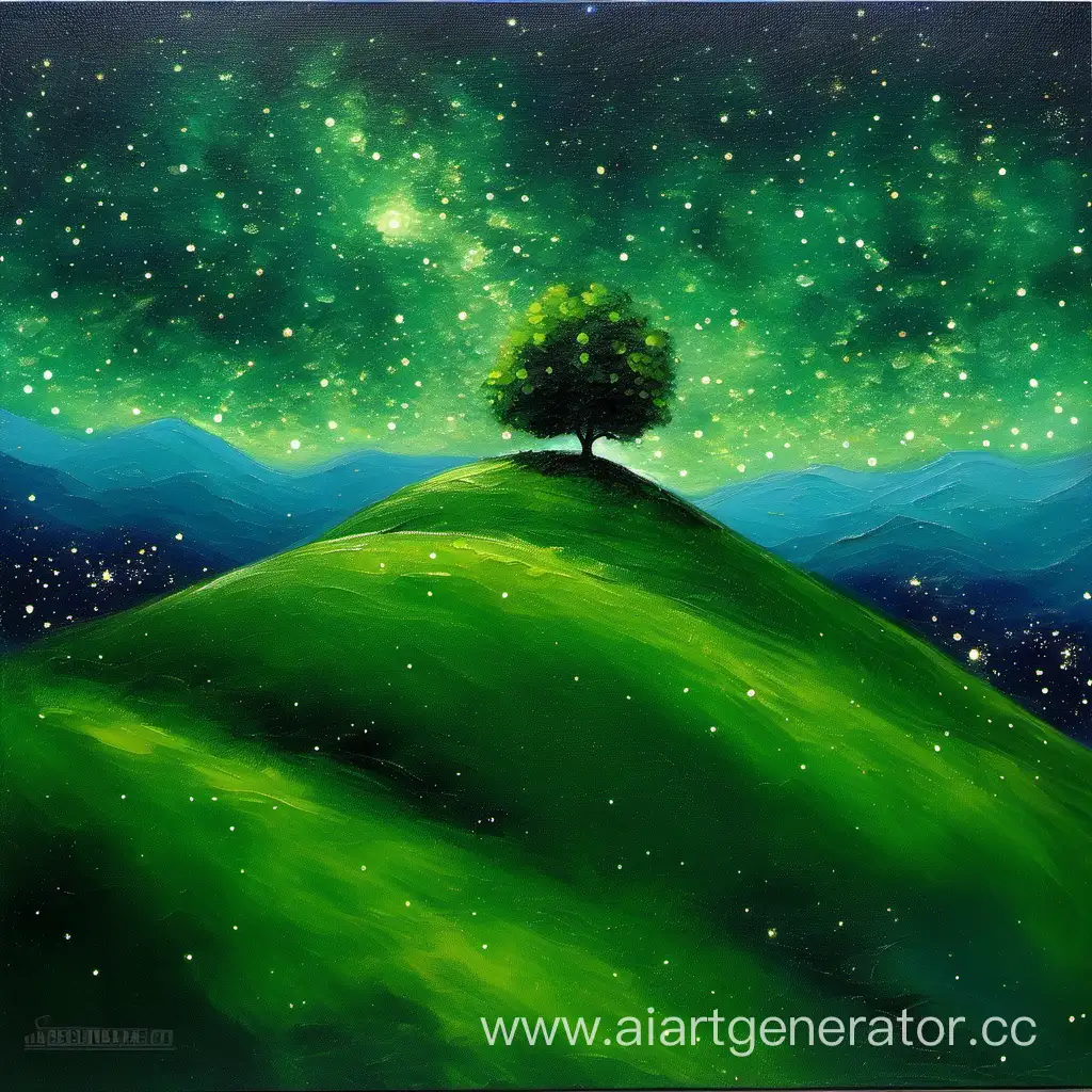 Enchanting-Starry-Night-Over-Tranquil-Green-Hill-Oil-Painting