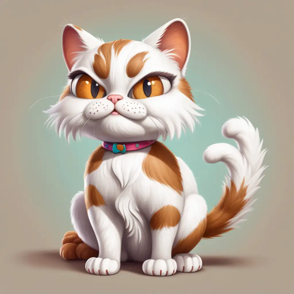 Whimsical White and Brown Cat Character on Vibrant Background