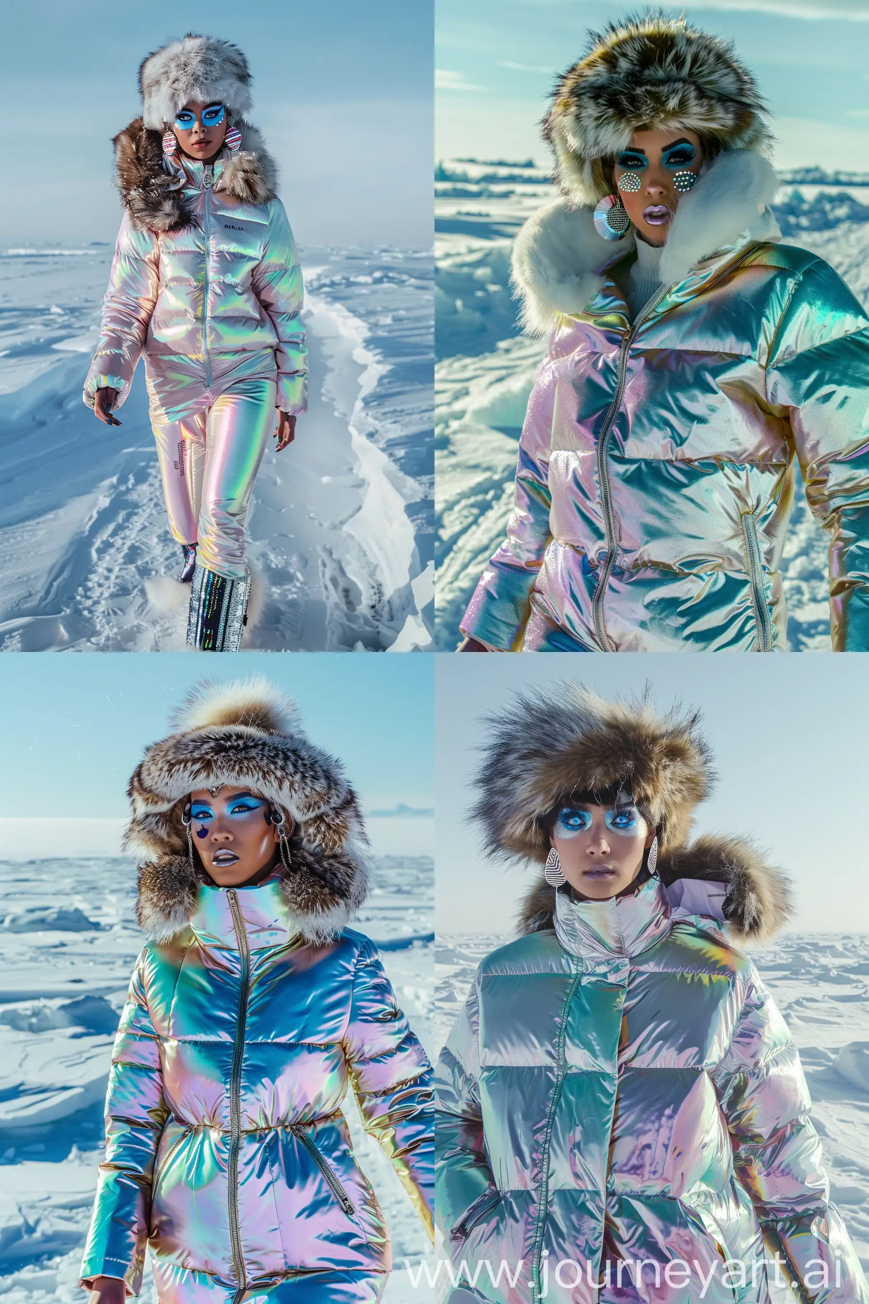 Iridescent-Down-Jacket-Model-Walking-on-North-Pole-Glaciers