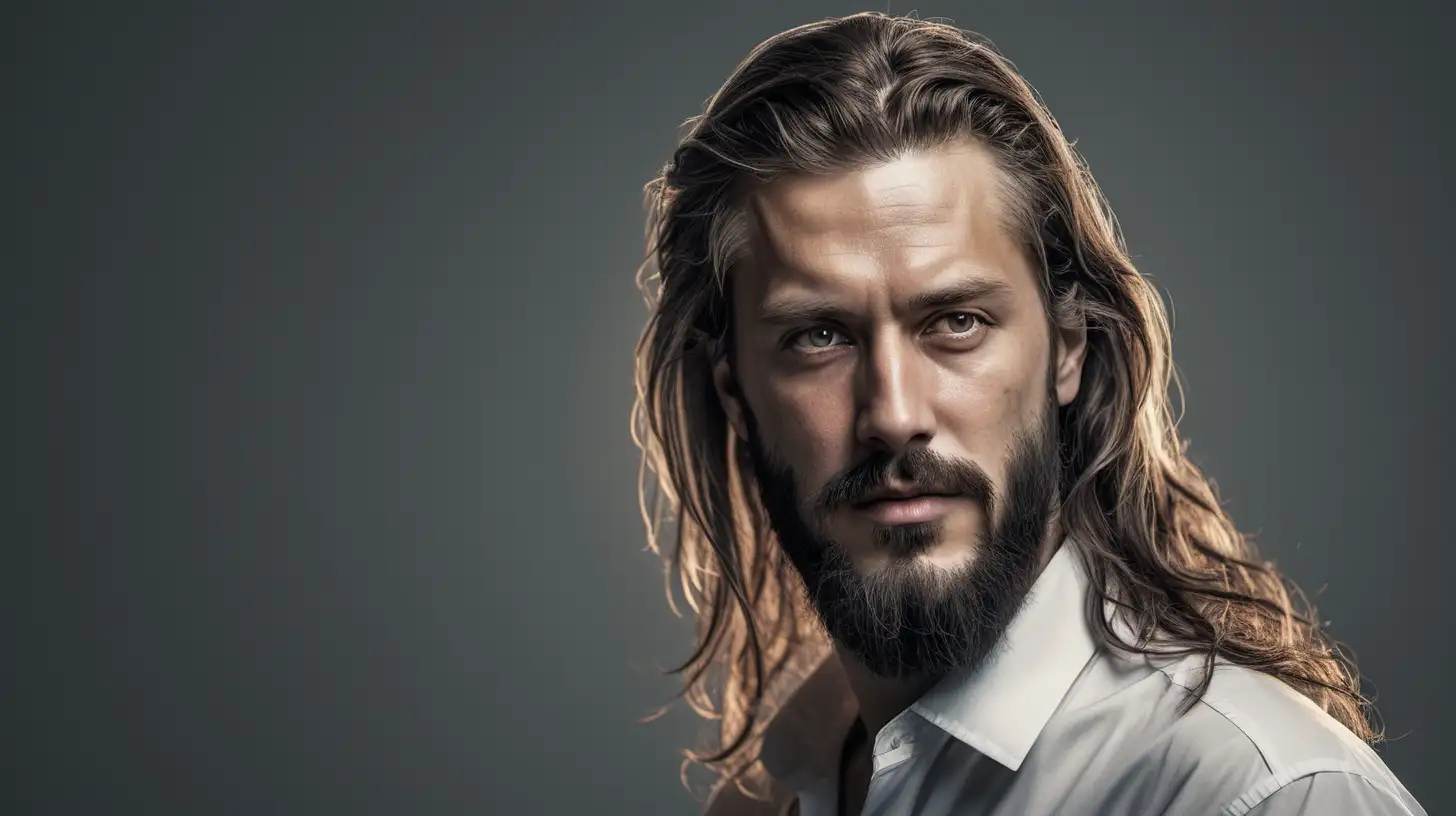 Ultrarealistic Portrait of a Handsome Man with Long Hair and Beard Standing Sideways