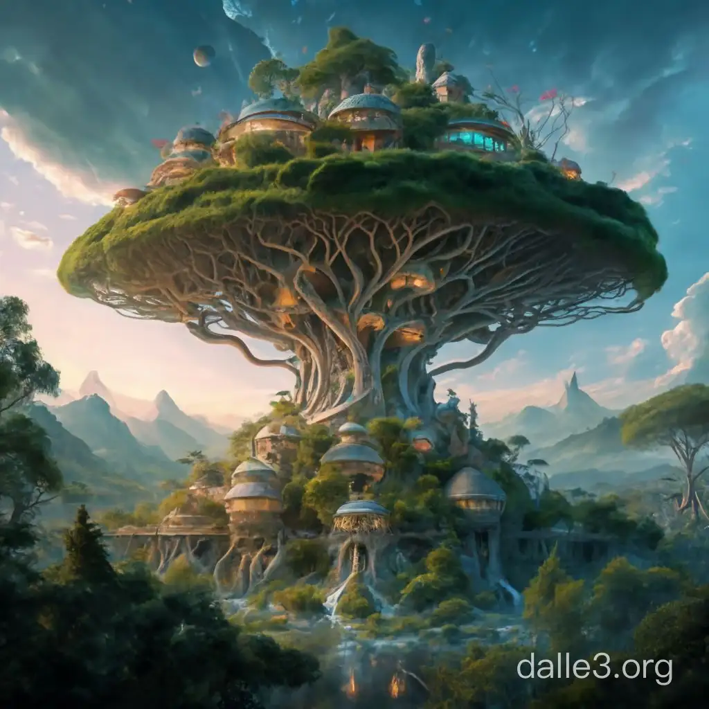 Can you generate me an image of a giant world tree with fantasy civilization treehouses on its branches stretching far above a forest. The tree is colossal compared to the first below and the setting is at night so the lights of the civilization burn bright