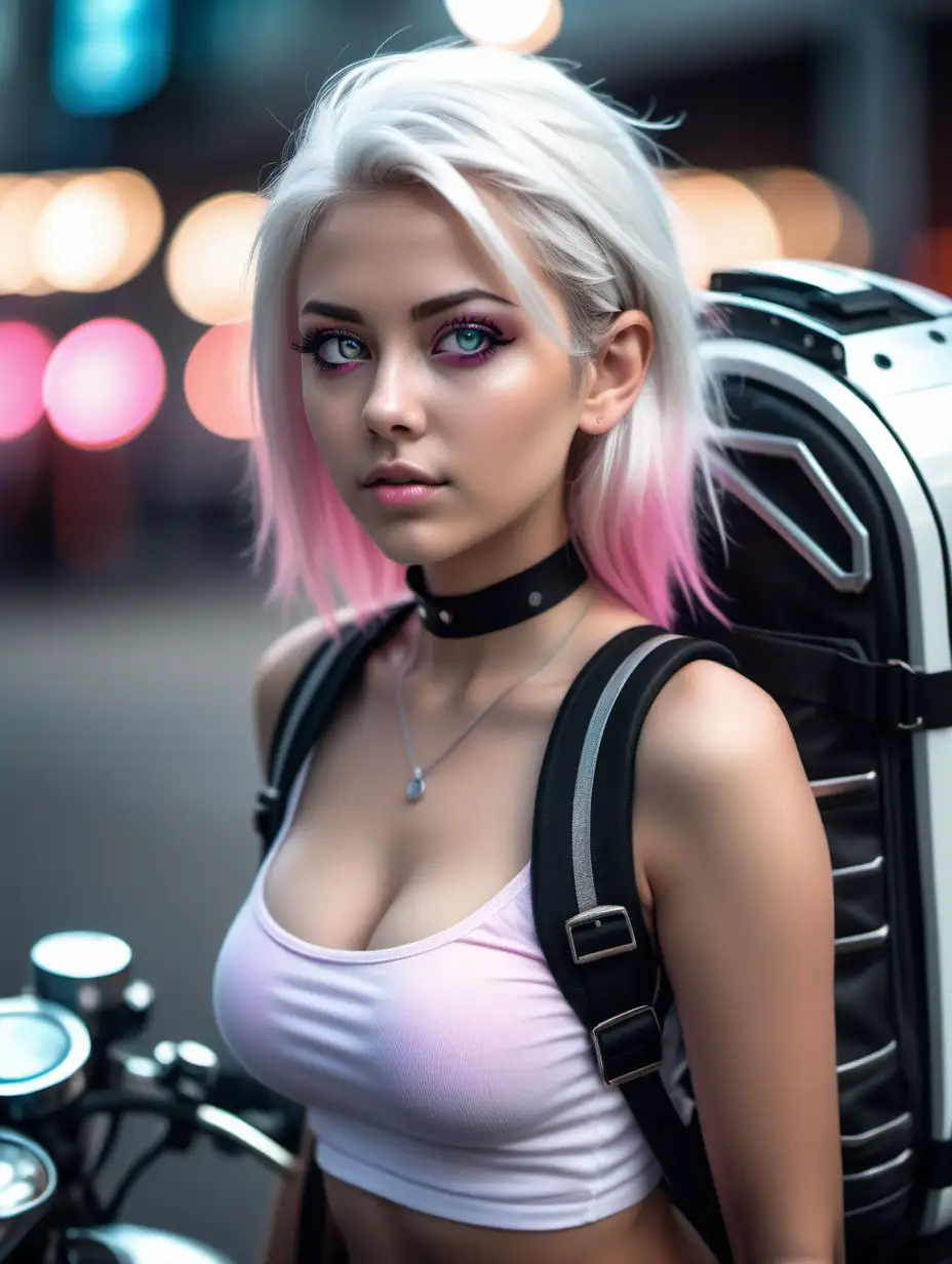 Beautiful Nordic woman, very attractive face, detailed eyes, big breasts, dark eye shadow, white hair with pink tips, white tube top, Jean shorts, choker necklace, wearing a black backpack, super close up photo, bokeh background, soft light on face, rim lighting, facing away from camera, looking back over her shoulder, sitting on a futuristic motorcycle in front of a futuristic city, photorealistic, very high detail, extra wide photo, full body photo, aerial photo