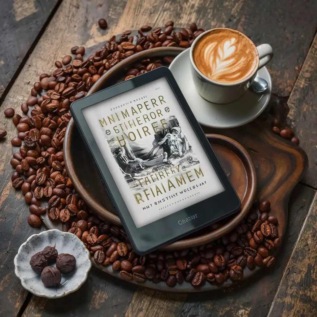 Generate an aesthetic and eye catching image of an e-reader propped up on a table with a single cappuccino cup beside it and scattered coffee beans.