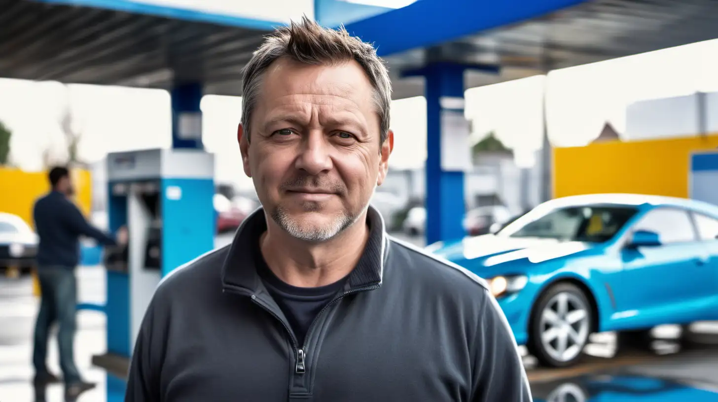 high realistic portrait image of a 45 year old man standing in front of a modern carwash, the man is in focus and the background is blurry. the man shows a postitiv face