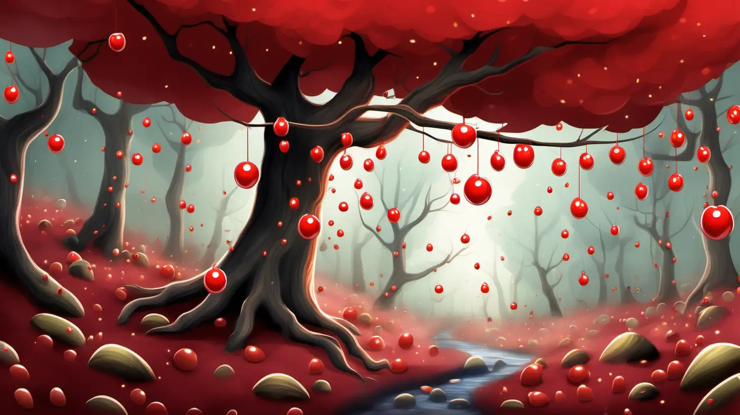 Enchanting Magical Forest with Tree Bearing Little Red Candies