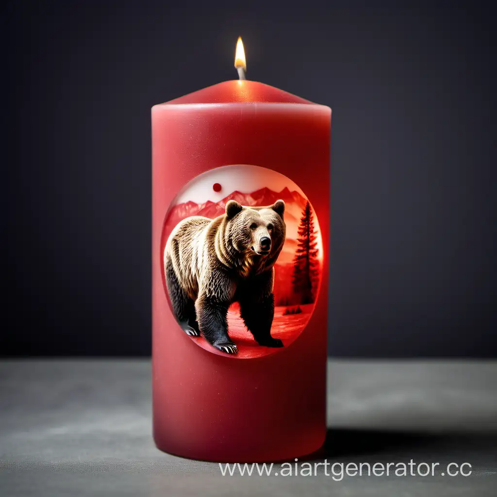 Арома свеча в цилиндрическом стакане из гипса красного цвета, с выпуклым изображением медведя, реалистичное фото