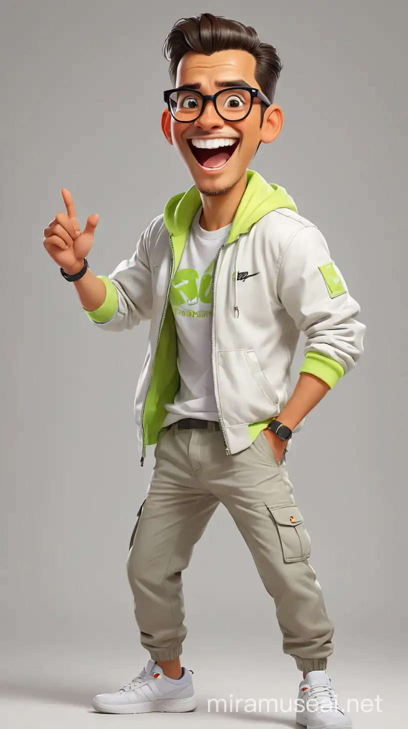Indonesian man with glasses, Slicked-back hair, wearing White tshirt with text Ortega, fluorescent jacket, cargo pant, sneaker, happy expression in action pose, in the style of Tiago Hoisel, caricature-like, playful caricatures, white background