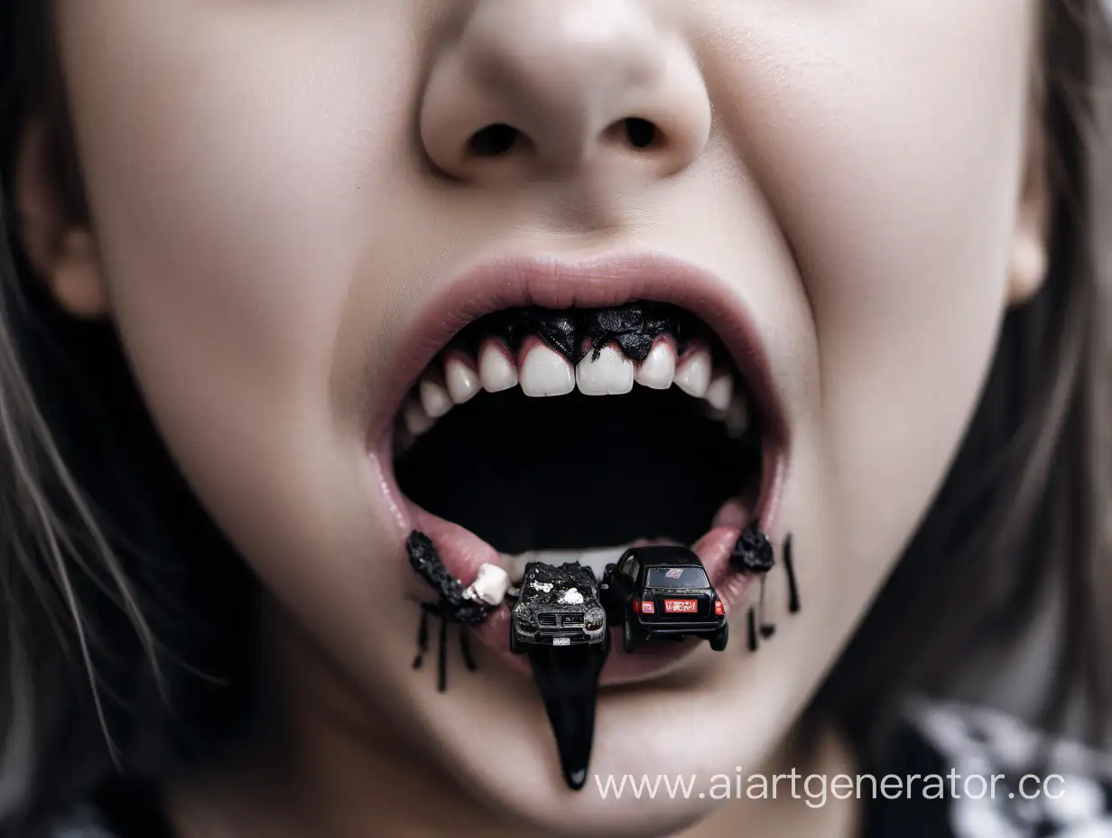 Photo of girl's open mouth, tiny cars are inside the mouth on a tongue, saliva, vehicles are broken and destroyed, black lipstick