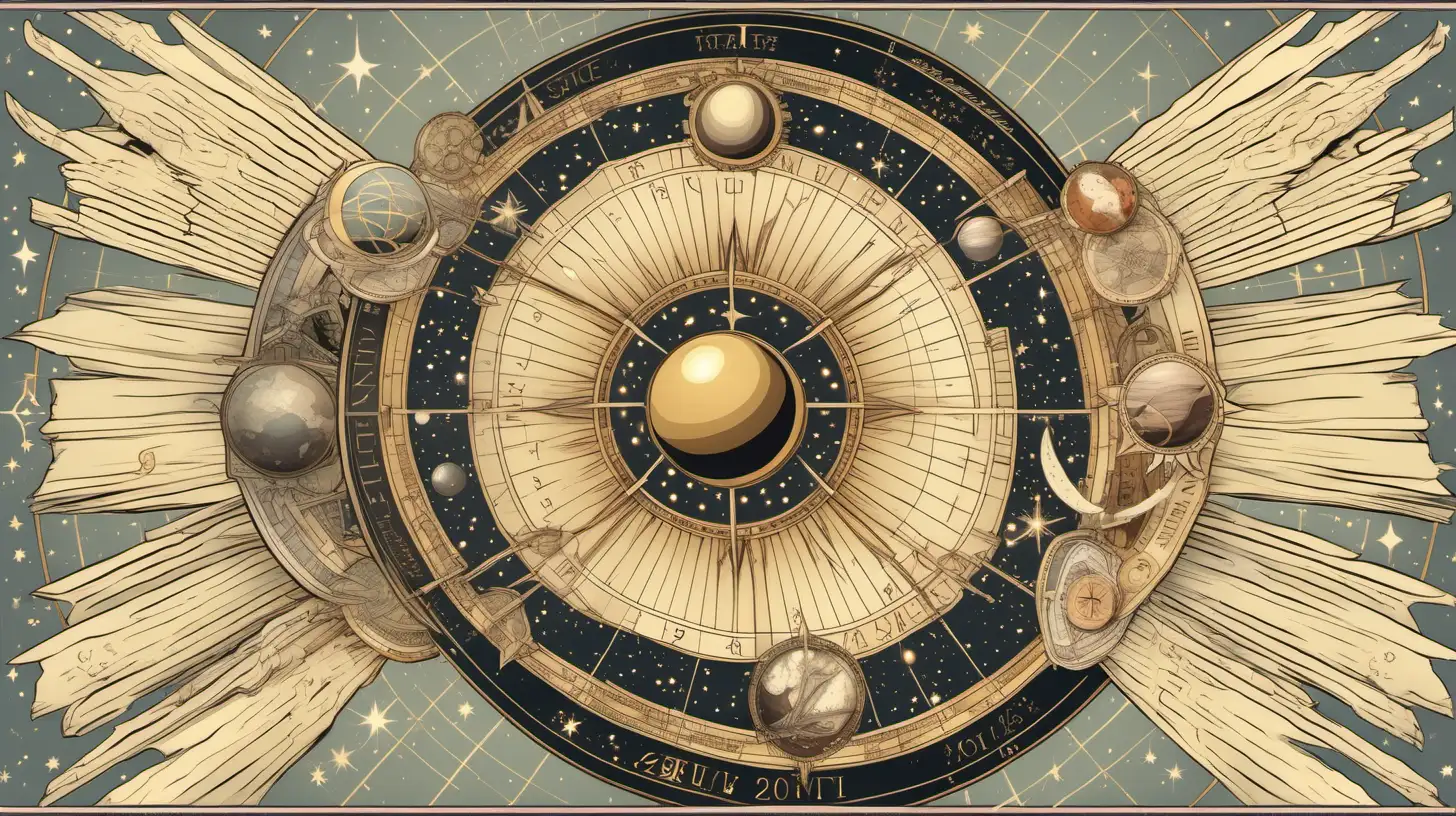 ASTROLOGıCAL WHEEL WıTH banners , MUTED COLORS, LOOSE LıNES, saturn with white wings 