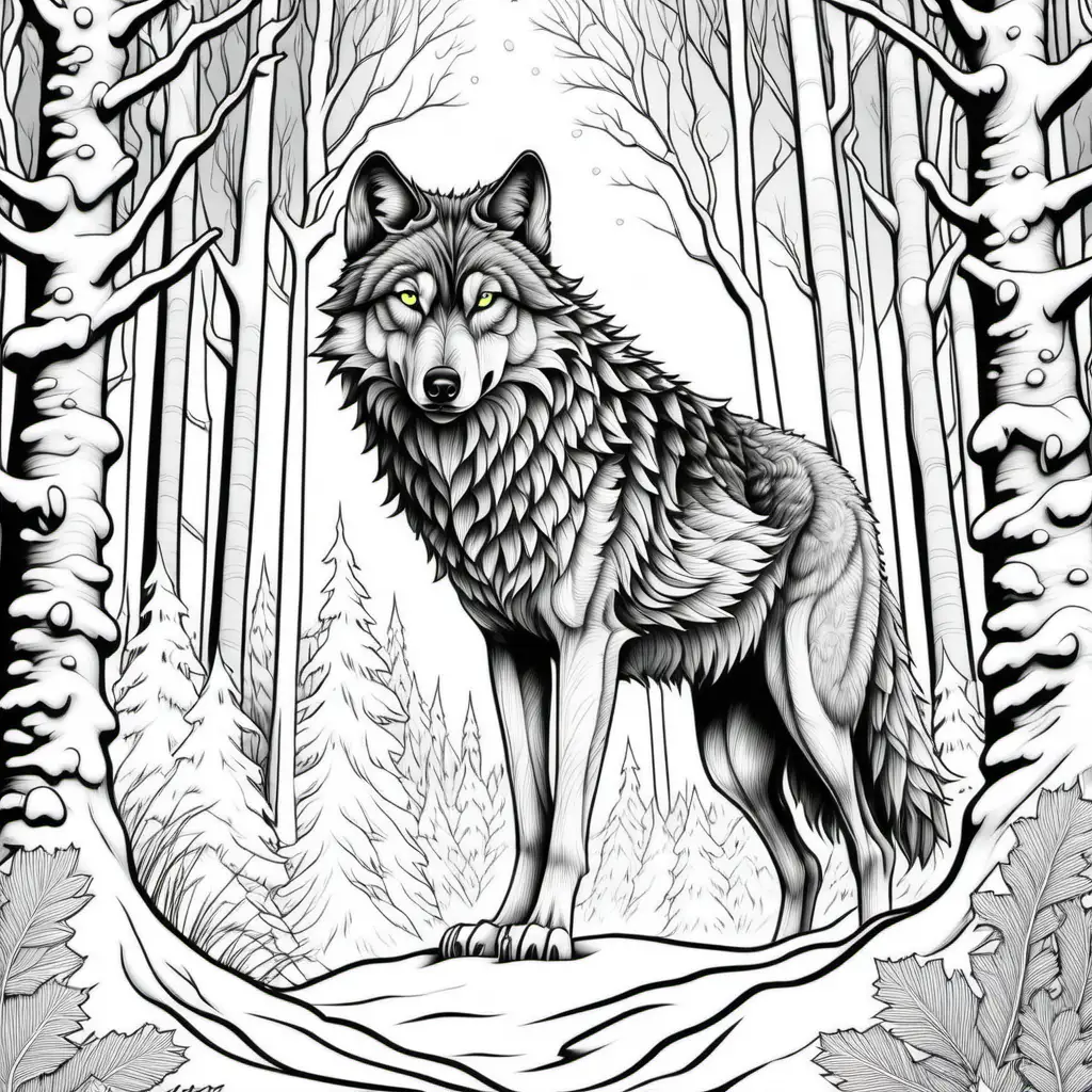 detailed adult coloring page black and white wolf in forest with snow












