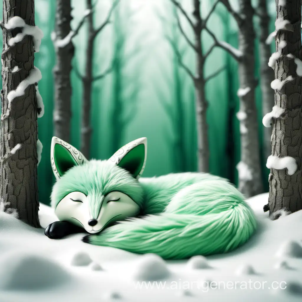 зеленая лиса спит в зимнем лесу