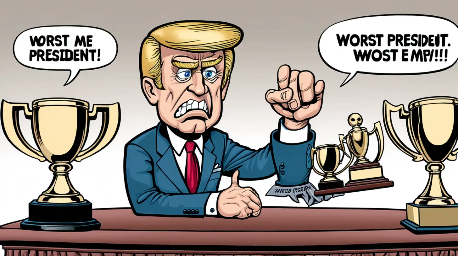 Show me a trophy. Inscription "Worst President". Comic style.
