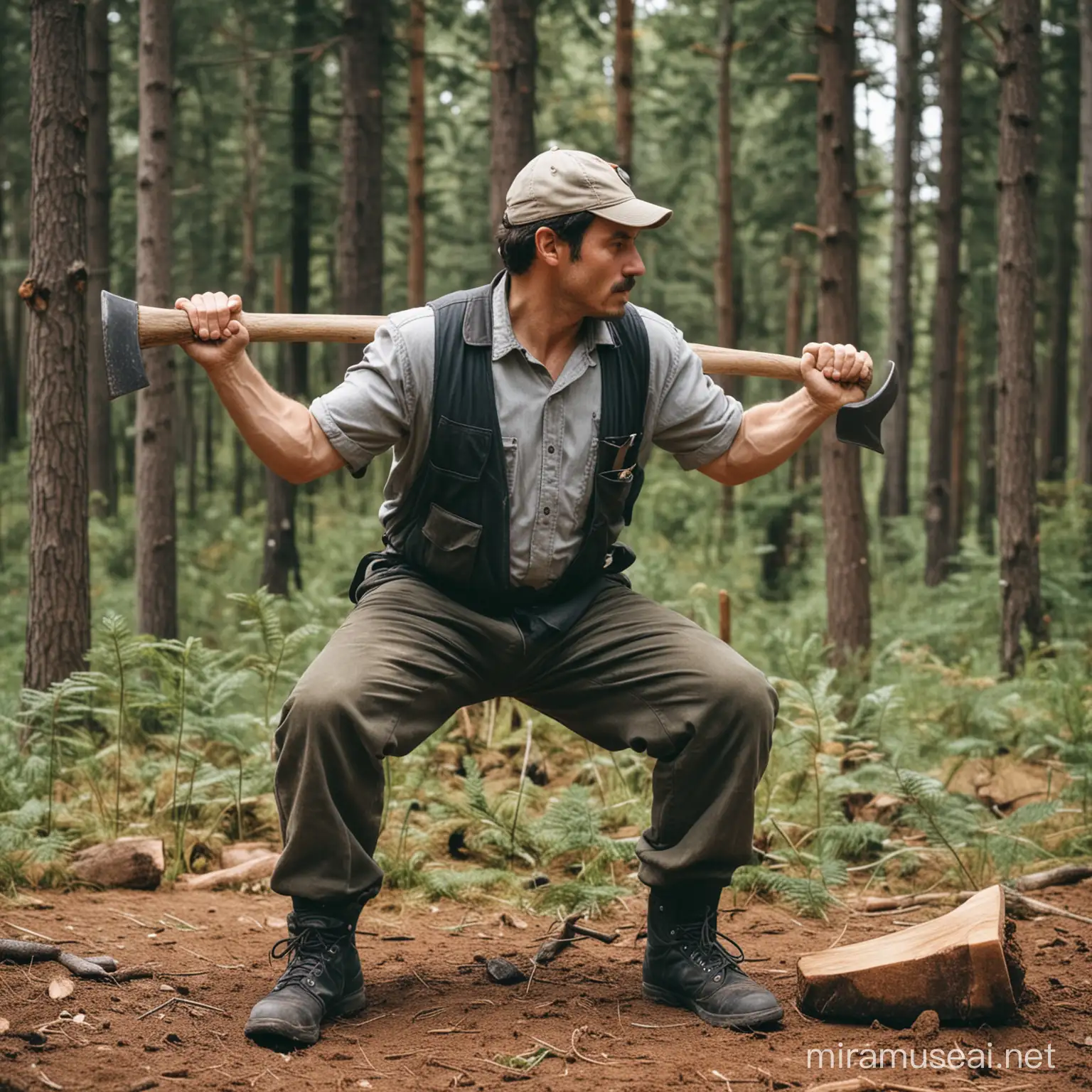 A forest worker with this posture: sitting on alog with the back bent forward or twisted sideways, one hand above shoulder level holding an axe.