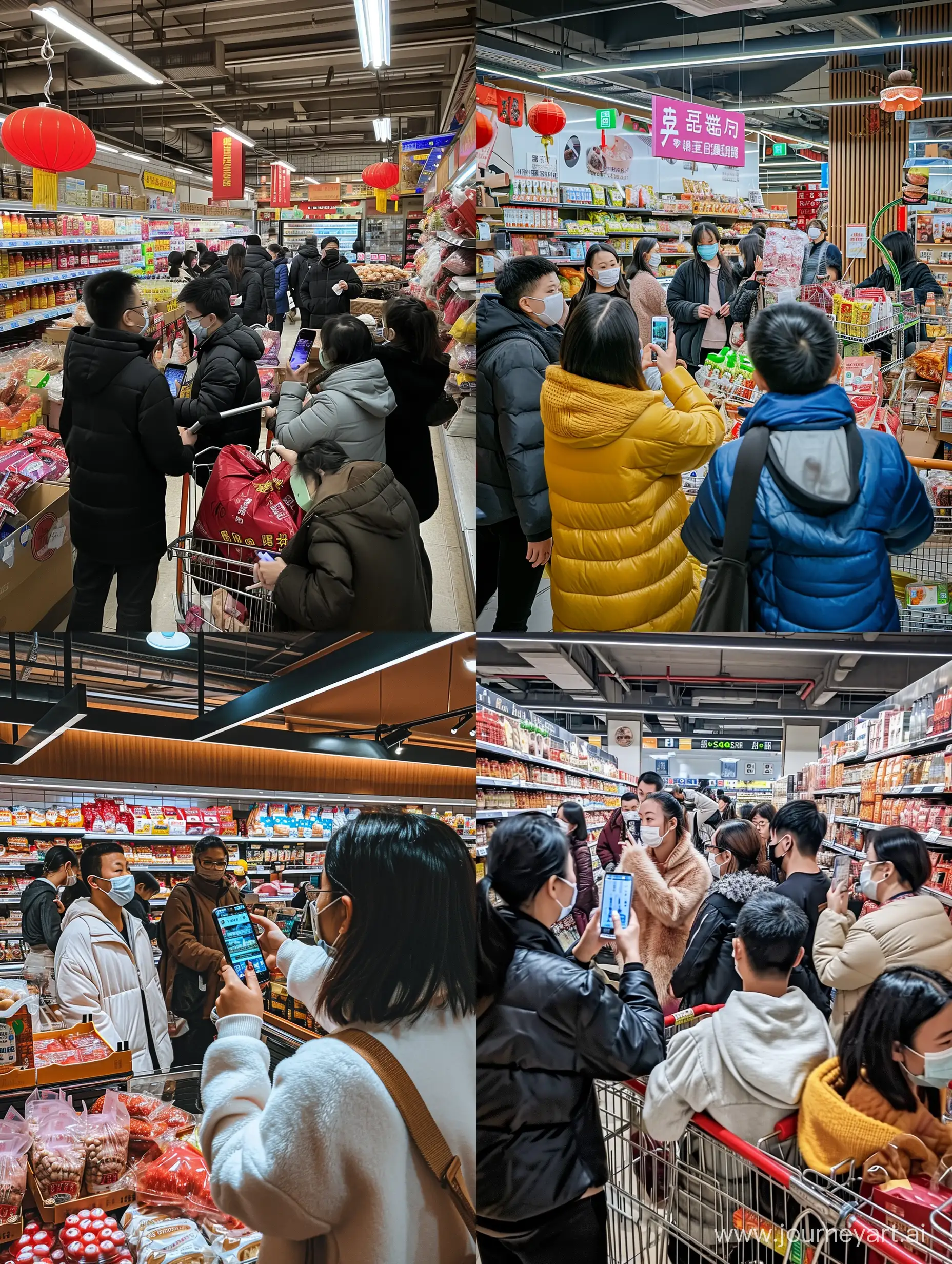 phone photo of a group of people in a chinese grocery store, posted on weibo in 2023 --style raw --s 0 --ar 3:4