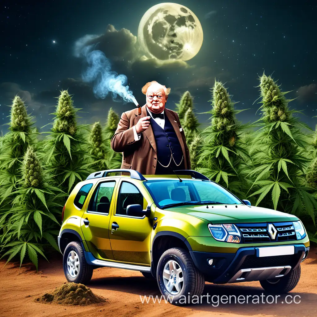 Enchanting-Night-Scene-with-Winston-Churchill-and-Renault-Duster-Surrounded-by-Marijuana-Bushes