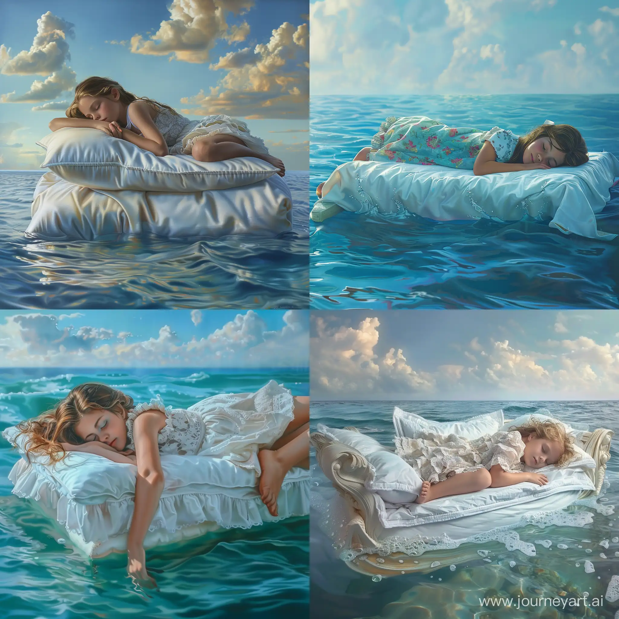 cute young girl sleeping in her bed that floats on the ocean, hyper-detailed, photorealism, daytime