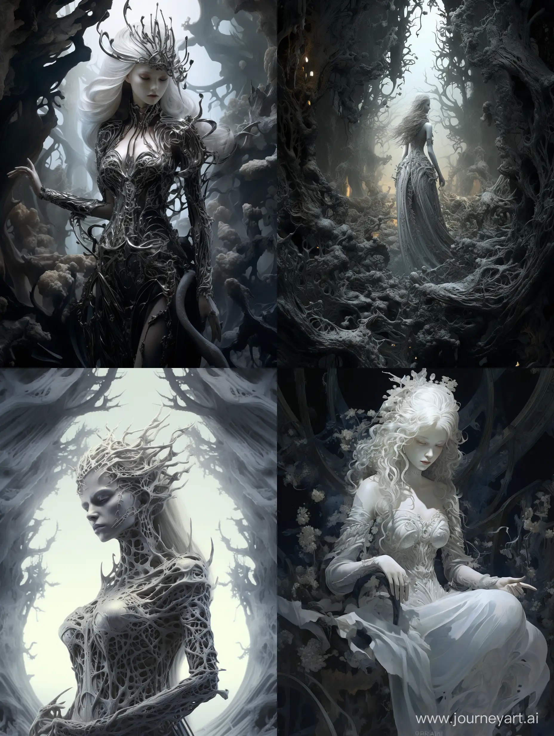 Ephemeral, ghostly apparitions of a beautiful spectral woman, dressed in flowing, tattered garments playing a large ornately detailed harp on a creepy misty forest :: 16k :: high contrast extremely details, 16k resolution, intricate 