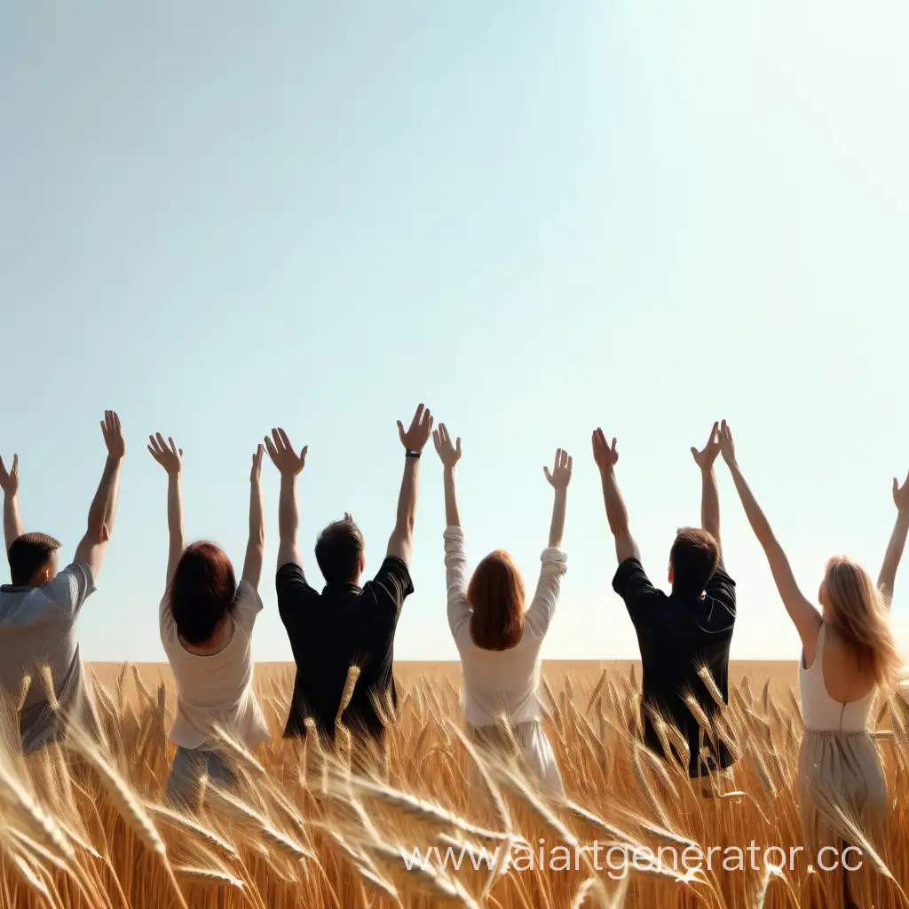 Мужчины, женщины с поднятым руками среди высоких пшенчных полей на фоне солнечного неба