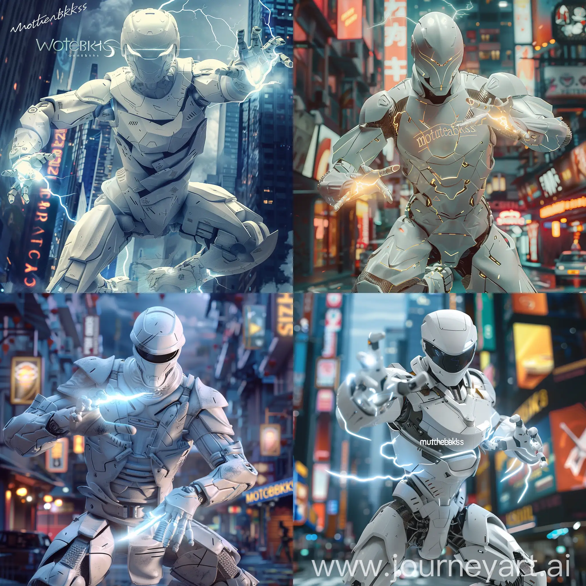 a white ninja robot,light energy on his hands, hd, futuristic magenda city background and a lettering logo on him or behind him with the name Motivbreaks