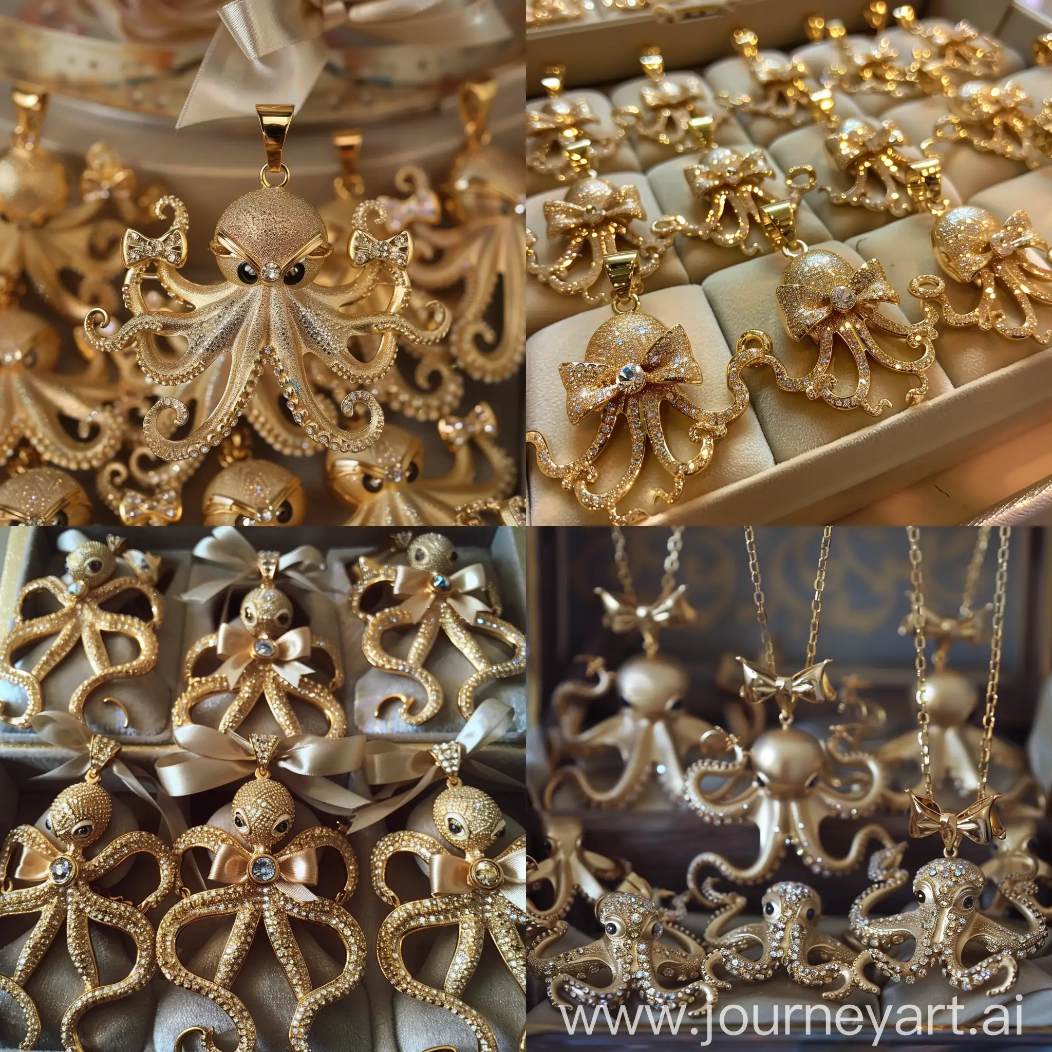 10 gold pendants that are not the same, and each one is in the shape of a three-dimensional octopus, and jewels are worked on their arms, and they have bows on their heads, with very fancy and beautiful eyelashes and eyes. Inside the jewelry boxes with sea and ocean theme