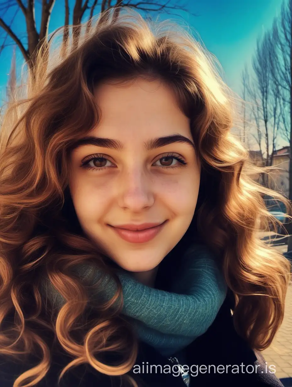 A mobile phone photo style of Michela, Italian prosperous sexy girl who just returned home from college. She has brown wavy hair, and the photo is set in a Lithuanian winter sunny day.