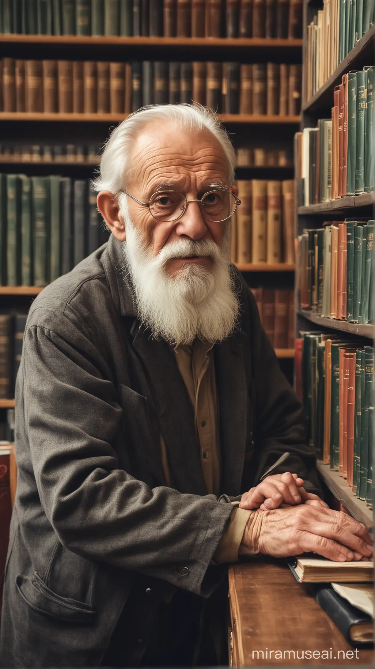 Elderly Scholar Engrossed in Library Study