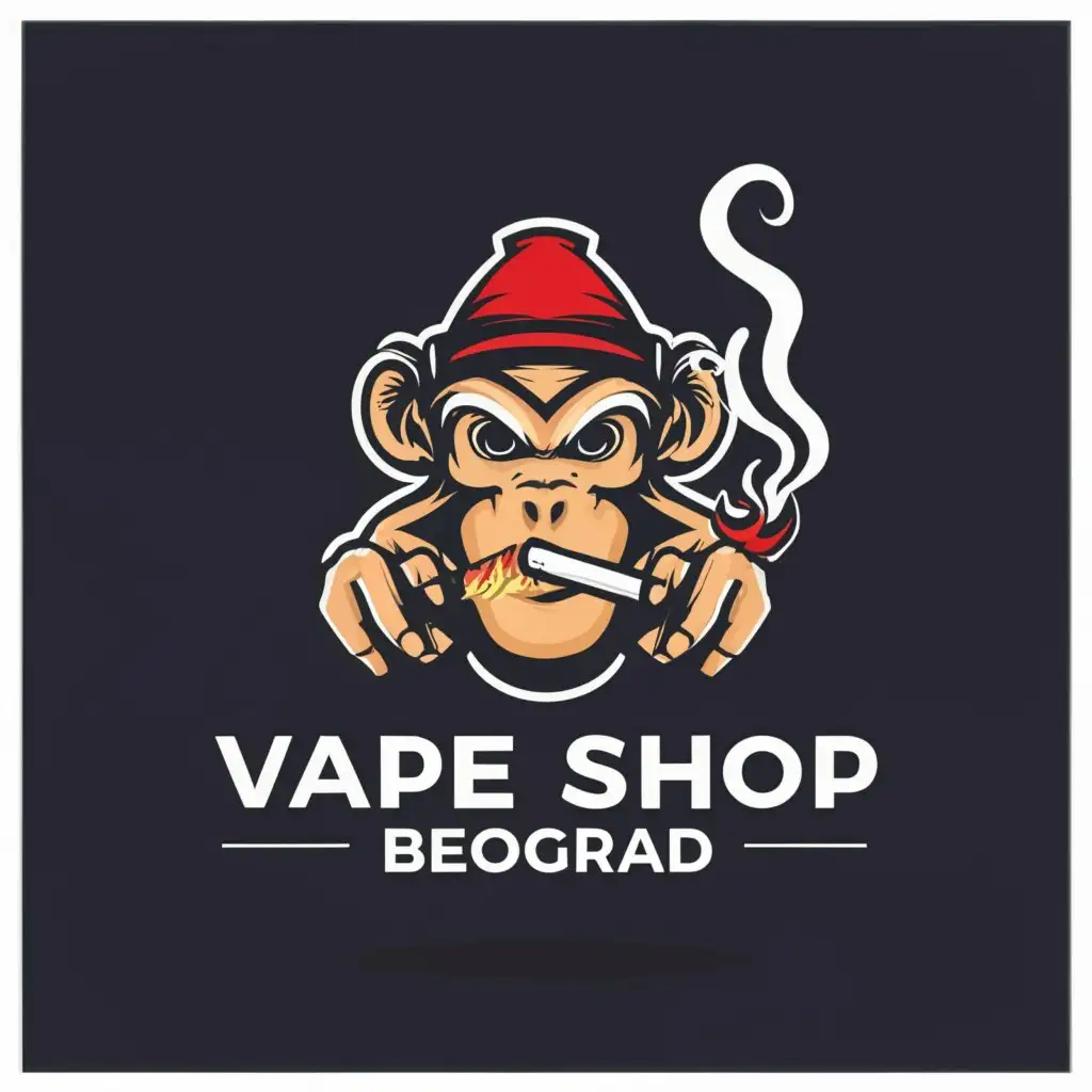 a logo design,with the text "VapeShopBeograd", main symbol:Monkey with cigarette,Moderate,clear background