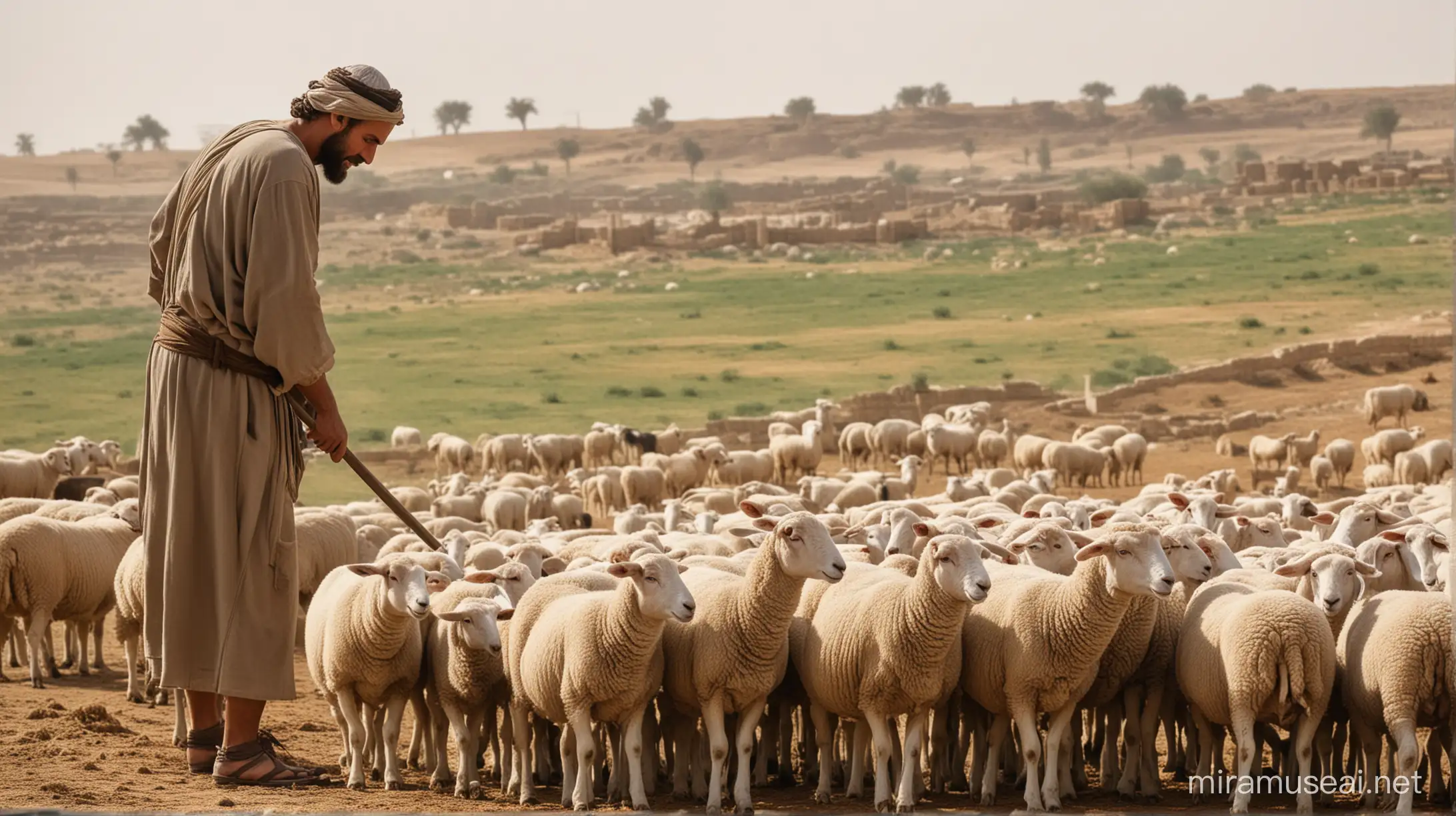 a man tending sheep on a farm in the middle east during the era of Moses.