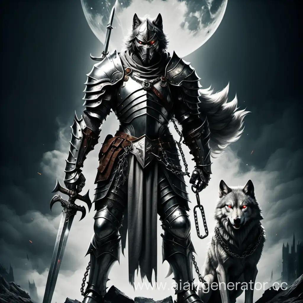 Medieval-Knight-in-Steel-Armor-Holding-Sword-and-Chain-with-Wolf