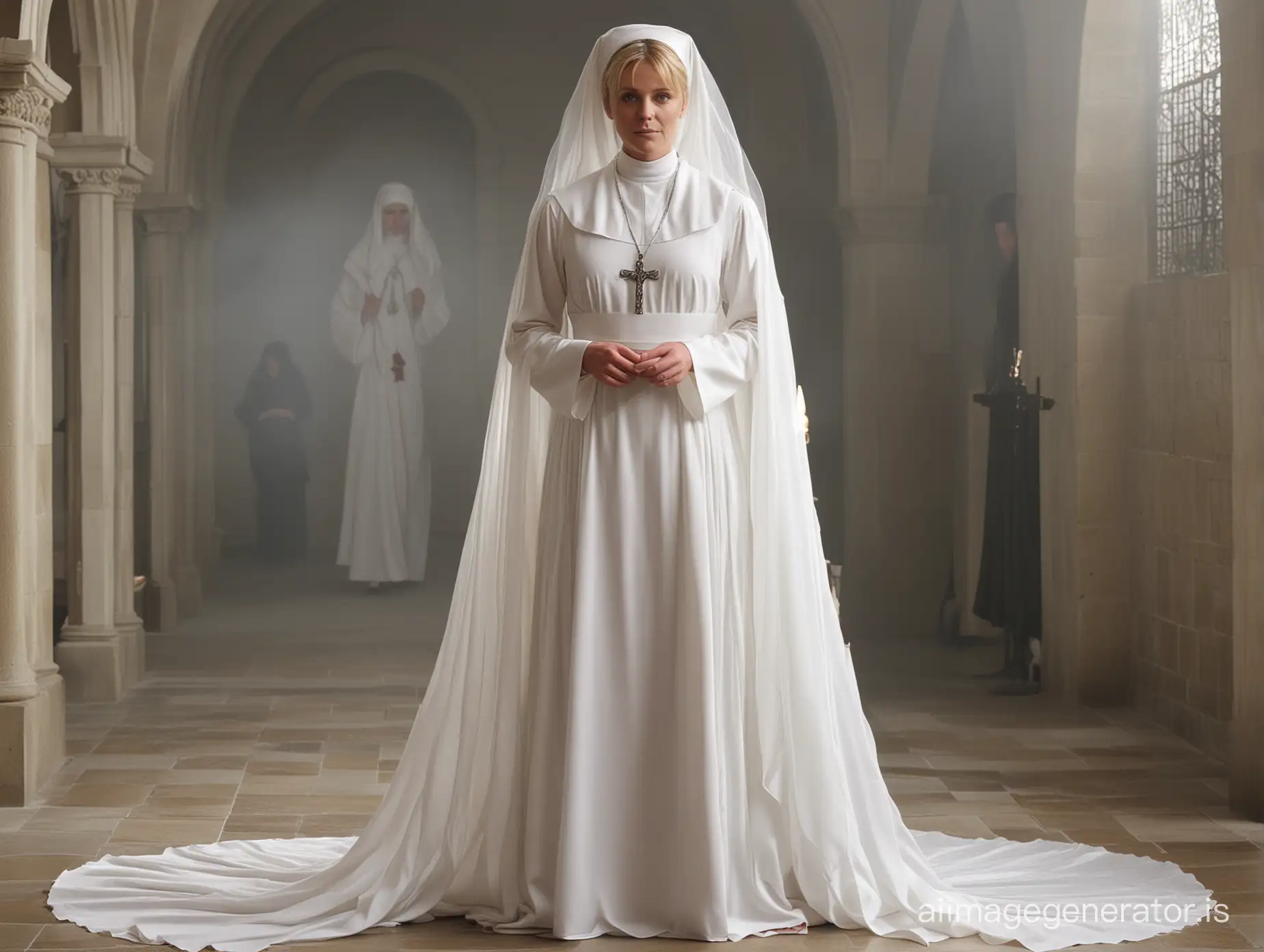 Amanda Tapping as Samantha Carter from SG1  adorned in a billowing floor length traditional nun habit with a long veil , kidnapped and hypnotized by an old abess to become a forever pious obedient nun