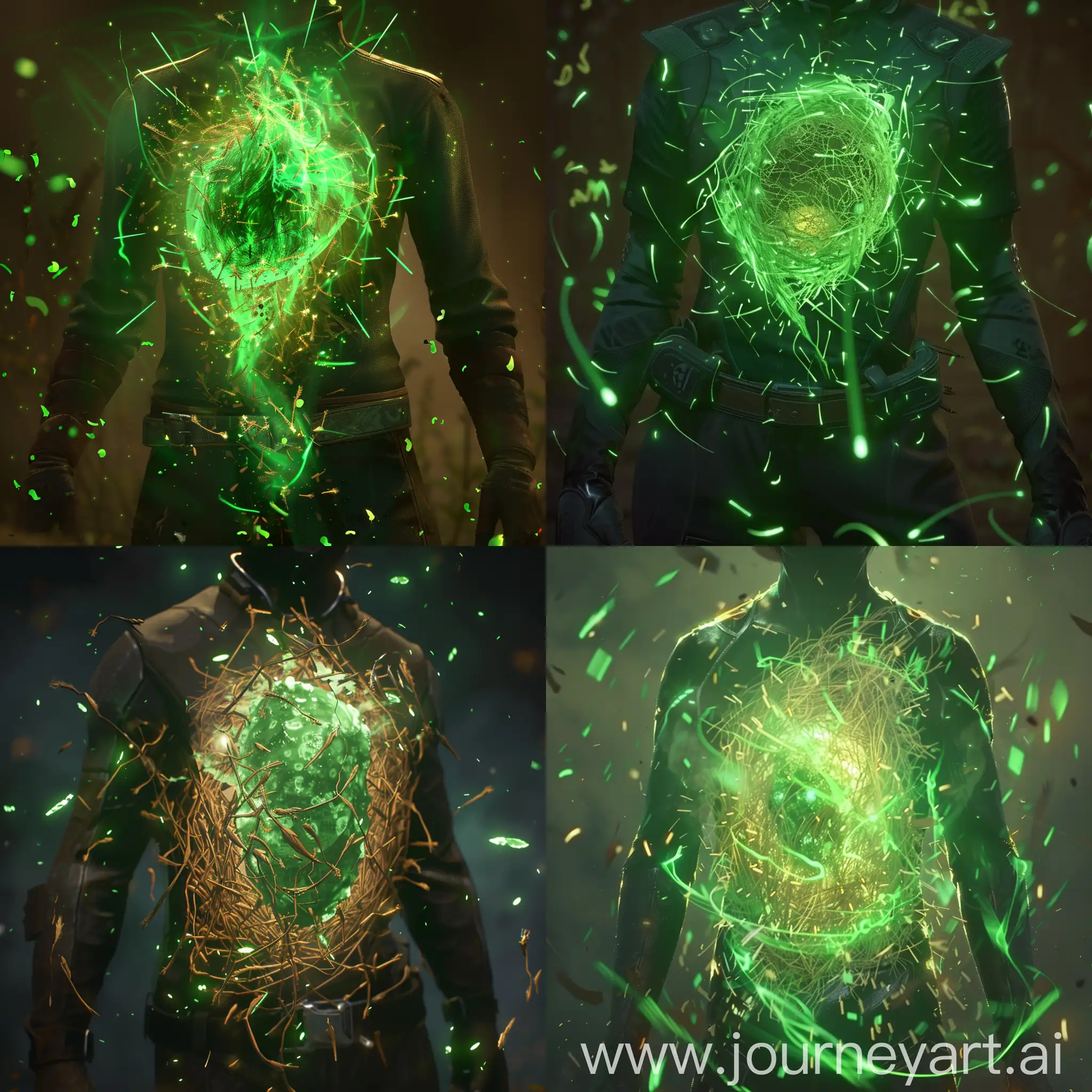Basic aura consisting of a green glowing blob inside on the players torso, with little hay-like strings occasionally flying away from it, they're green as well.