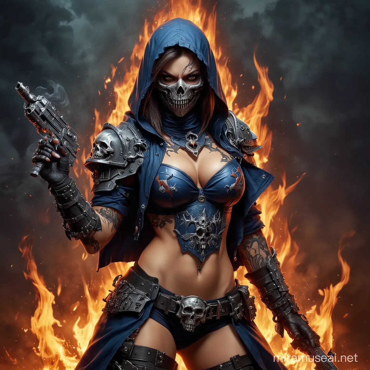 Female,, sexy, Leader, Warhammer 40k, Chaos Cultist, Crazy, Erotic, Burning Background, Chaos Symbol Tatoo, Skulls, Mask, crazy, dark blue cloth