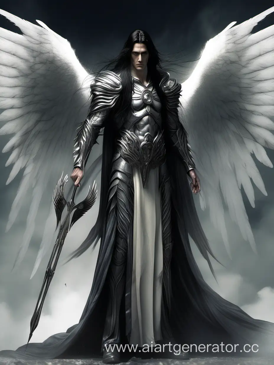 высокий мужчина с длинными чёрными волосами, серые ангельские крылья, копьё в руке

