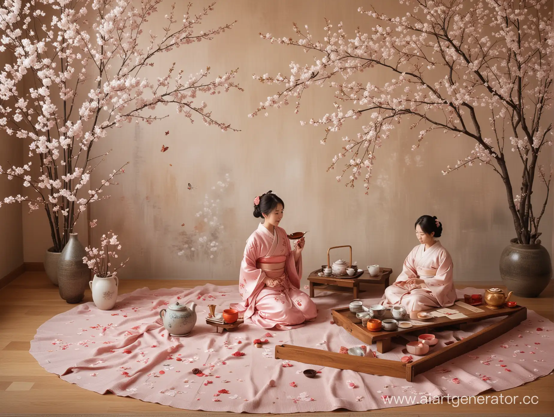 The painting can depict a Chinese tea ceremony in spring, where two people, surrounded by symbols of love and harmony, share a cup of tea against a background of cherry blossoms. The glucophone, an instrument symbolizing music and spiritual harmony, can be depicted next to them, adding an atmosphere of calm and balance.
Reiki elements symbolizing energy purification and healing can be woven into the decor of the room where the ceremony takes place. And symbols of love, such as hearts or butterflies, can decorate a corner of sakura and create an atmosphere of tenderness and mutual understanding.
Such a picture will reflect the beauty and tranquility of the moment of the tea ceremony, filled with love, harmony, music, energy purity and spring mood.