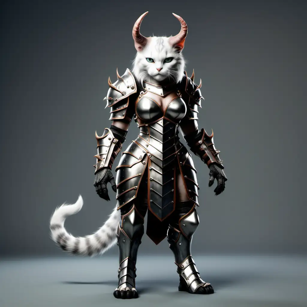  реалистичная  кошка женского пола в броне  с рогами с звериными лапами и звериным телом  в полный рост 