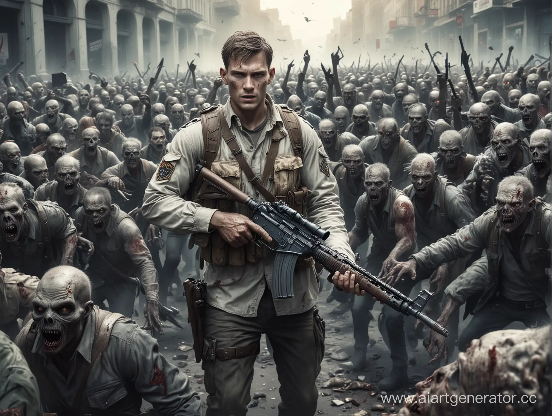 белый человек, военный с оружием в руках, окруженный ордой зомби, в городе.
