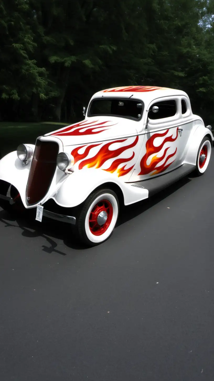 Classic 1934 Ford Coupe in Elegant White with Red Flames