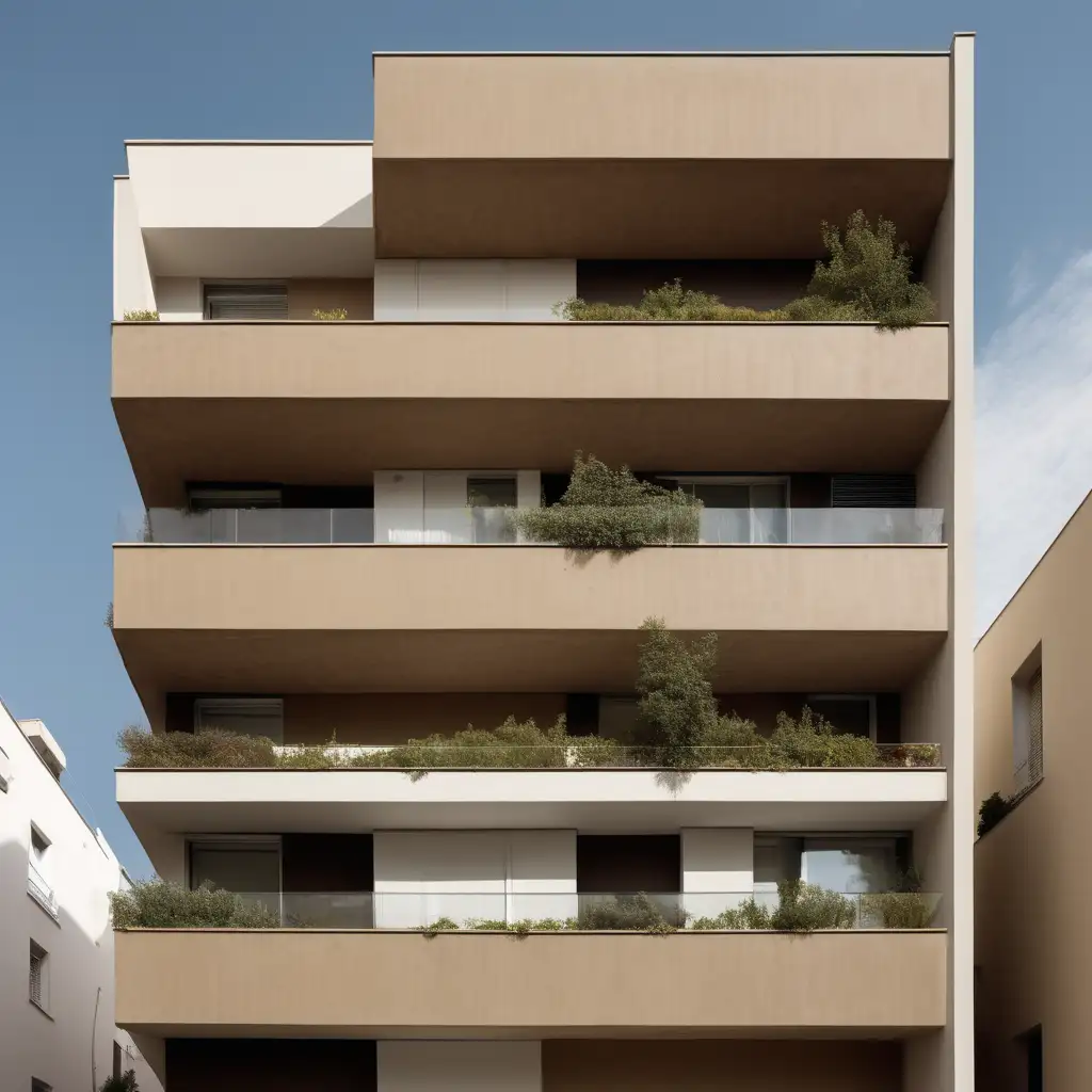 facade of 3 storey building, contemporary, block of flats , Athens, earthy tones