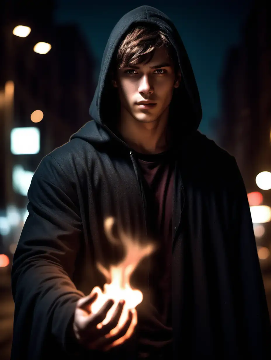 A handsome strong looking guy, around 24 years old, short brown hair, hazel eyes, cloaked, he can conjure fire in his hand, standing in desolate deserted city at night, shadowy. 