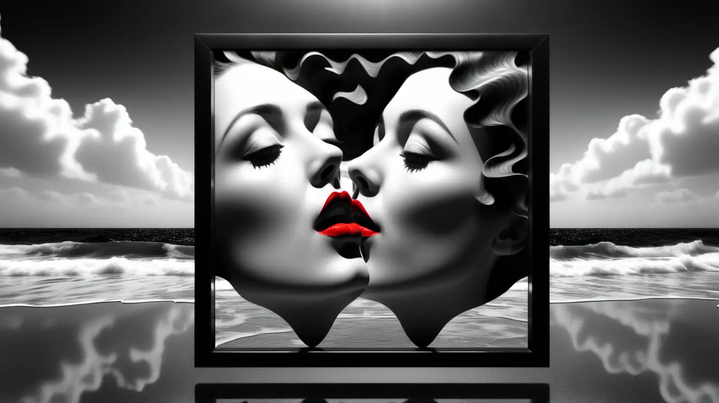 Black and white and primary colors, 3d surreal seascape, realistic kiss women portrait, immersive inspired art deco, upside down mirror, rene magritte inspiration.