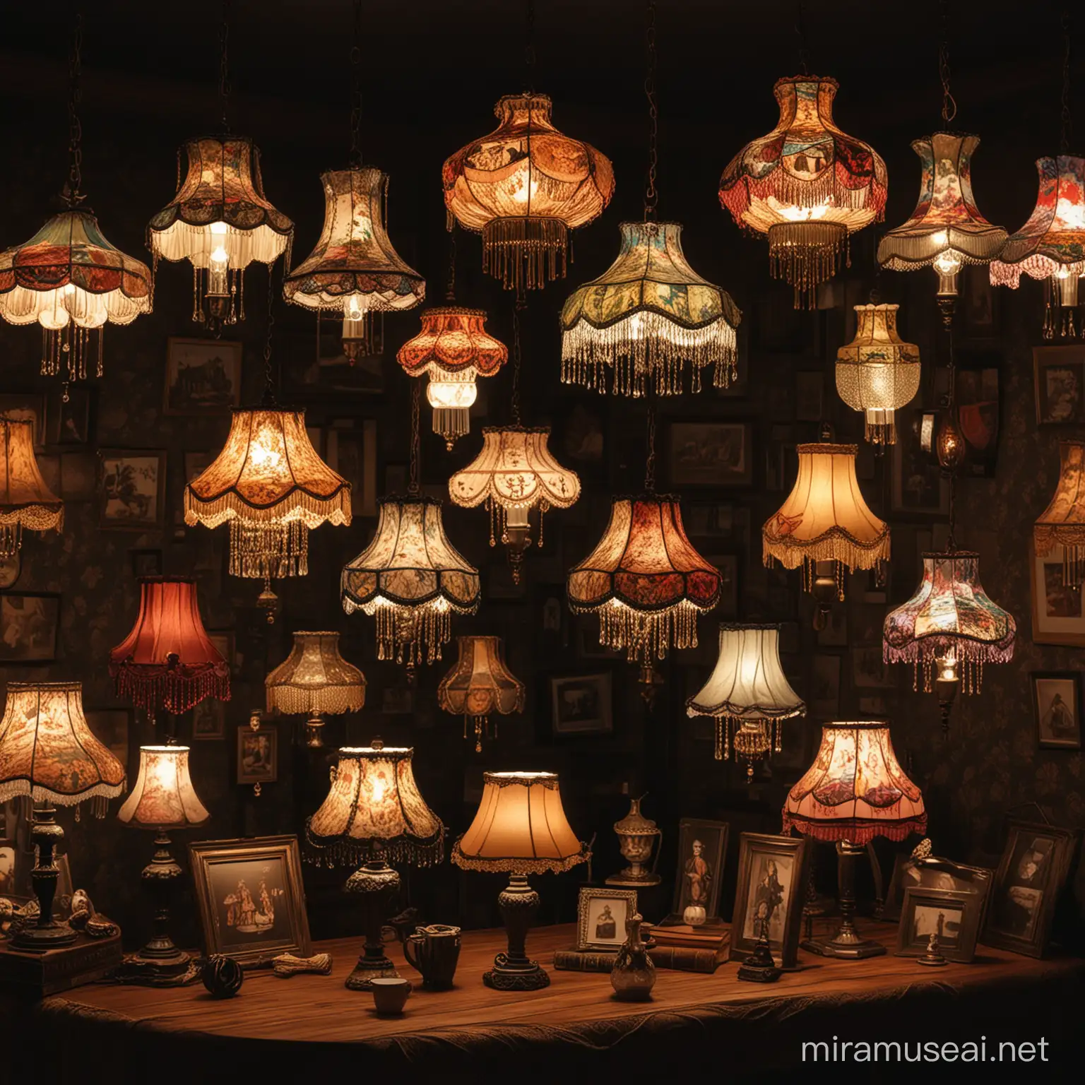a dark room, cozy room, with lots of lamps with Victorian style lampshades, different shaped, and different patterned, colorful patterns, standing lamp, ceiling lamps, table lamps ...