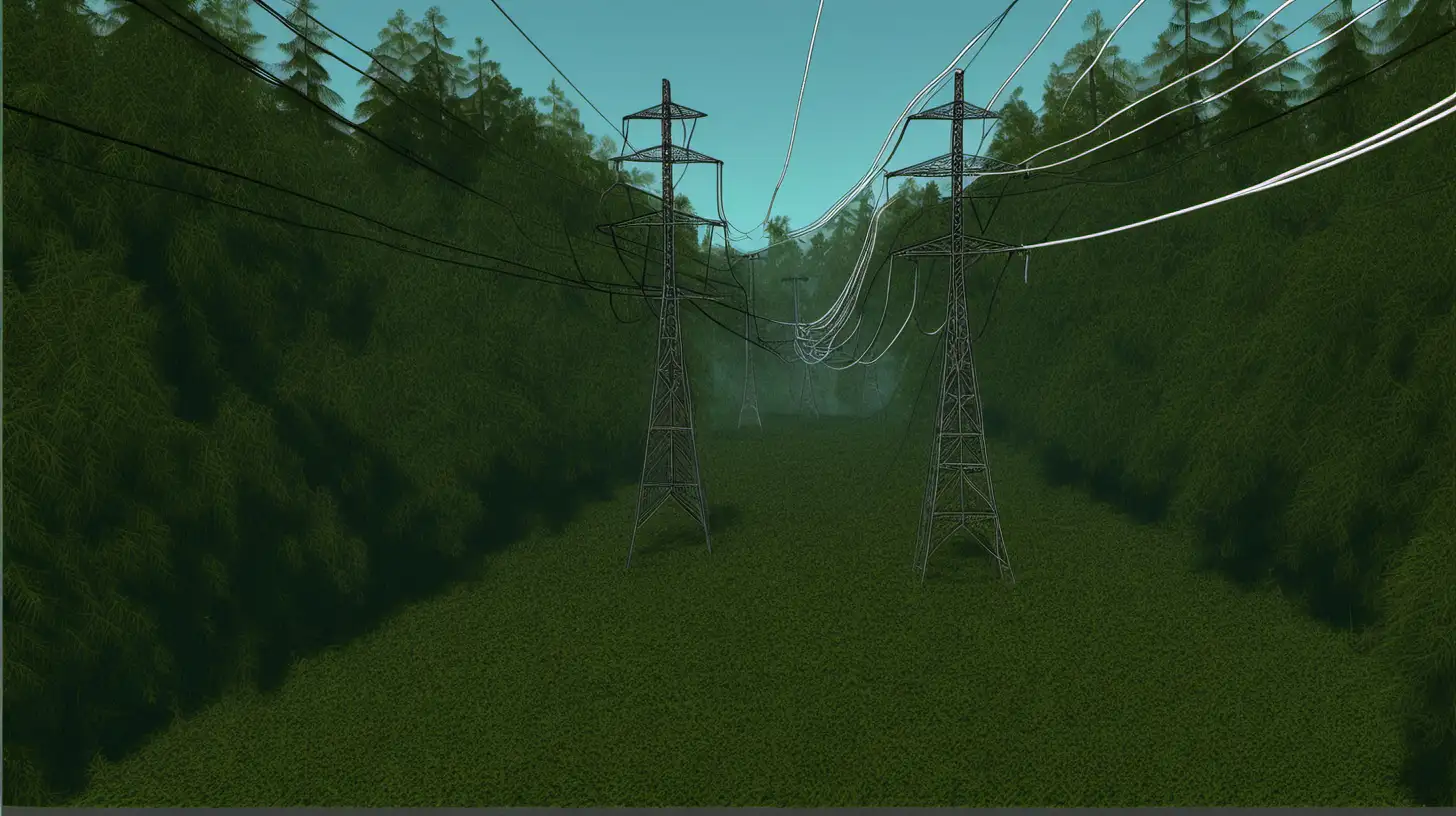 Draw a power line within a forested area, where vegetation occurs below and is crossing the power lines.